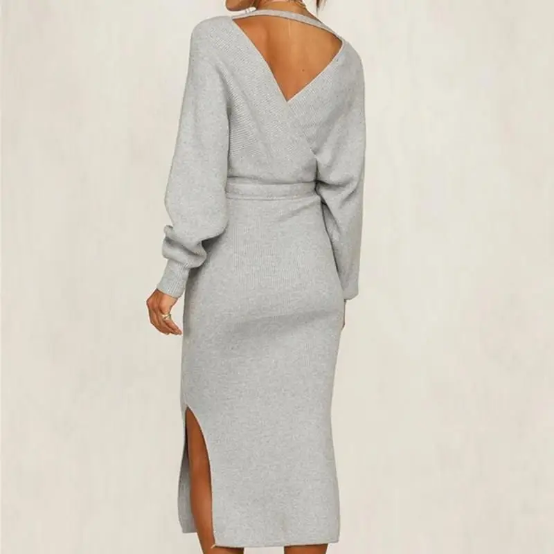 Женское осенне-зимнее платье миди с v-образным вырезом и разрезом по бокам