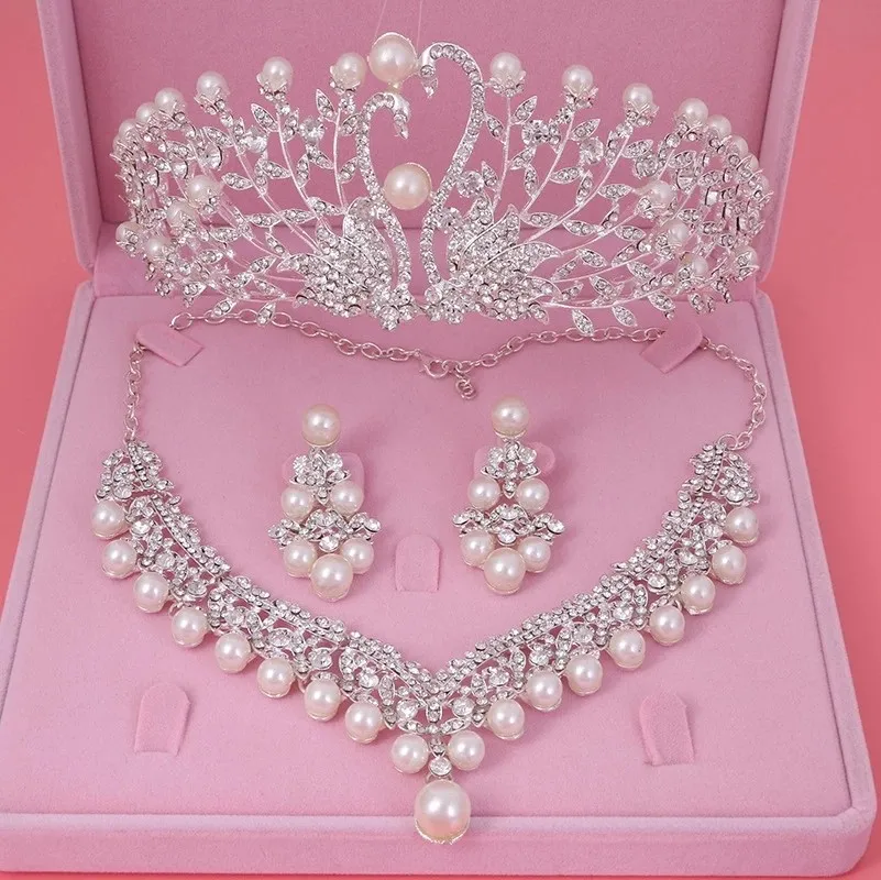 3Pcs Jewelry Set Великолепная свадебная тиара украшения из искусственного жемчуга диадема блестящая свадебная корона большая королева диадемы горный хрусталь кристалл волосы ювелирные наборы - Окраска металла: 3Pcs Jewelry Set