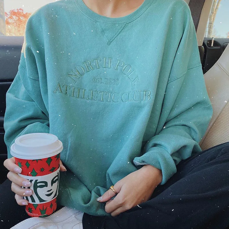 

Vintage Green Letter Printing Sweatshirt Women O Neck Loose Plus Size Hoodies Casual Female Streetwear 2020 Winter England Style