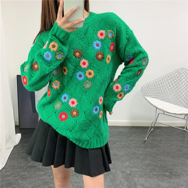 

Женский свободный Свитер оверсайз, зеленый Толстый Пуловер с вышивкой, Осень-зима