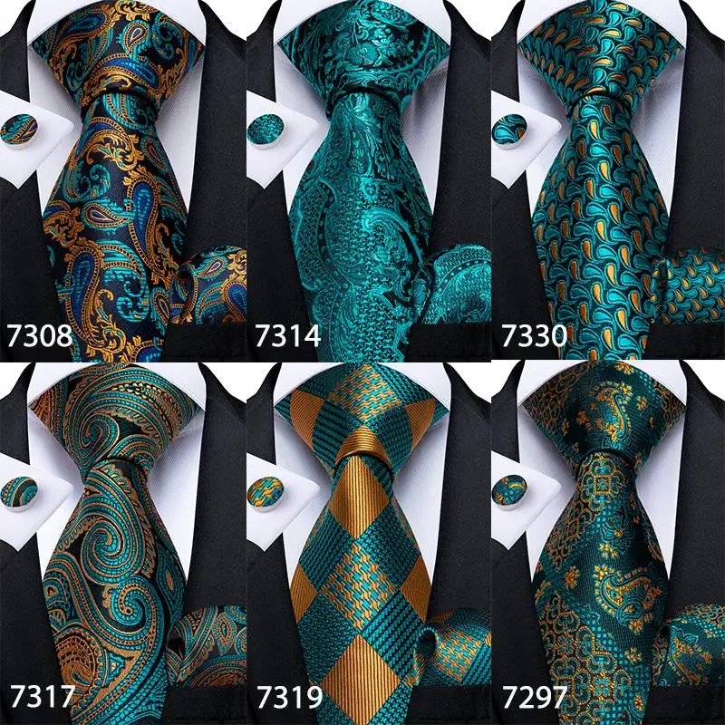 

Gift Men Tie Teal Green Paisley Plaid Silk Wedding Tie For Men DiBanGu Design Hanky Cufflink Quality Men Tie Set Dropshipping