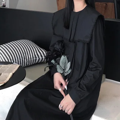 Темное платье Осеннее темно-синее с воротником женское черное средней длины