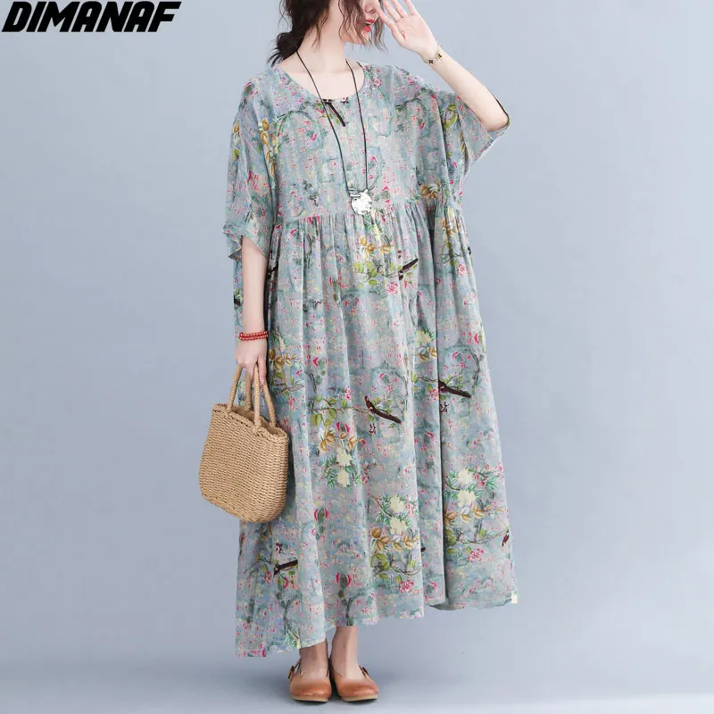 

DIMANAF 2021 Oversize Summer Dress Women Elegant Sundress Oversize Floral Print Long Dress Linen Loose Big Casual Lady 4XL 5XL