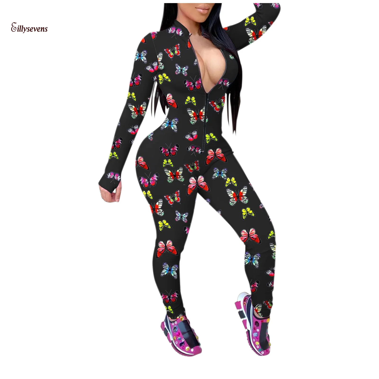 

Butterfly Print Women Bodysuit Long Sleeve Sexy Deep V-neck Playsuit Nightwear Jumpsuit Streetwear Romper Monos Mujer