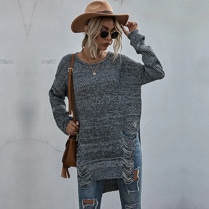 

Women Sweater European and American Knit Sweater Women Loose Long-Sleeved Round Neck Hole Hollow Crocheted Autumn and Winter