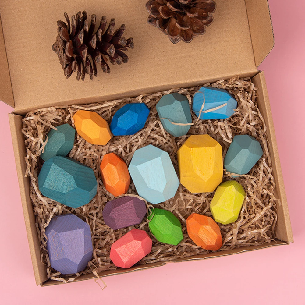 

16pcs Wooden Colored Stone Baby Toys Rainbow Stone Stacking Game Building Block Creative Early Education Toys for Kids Children