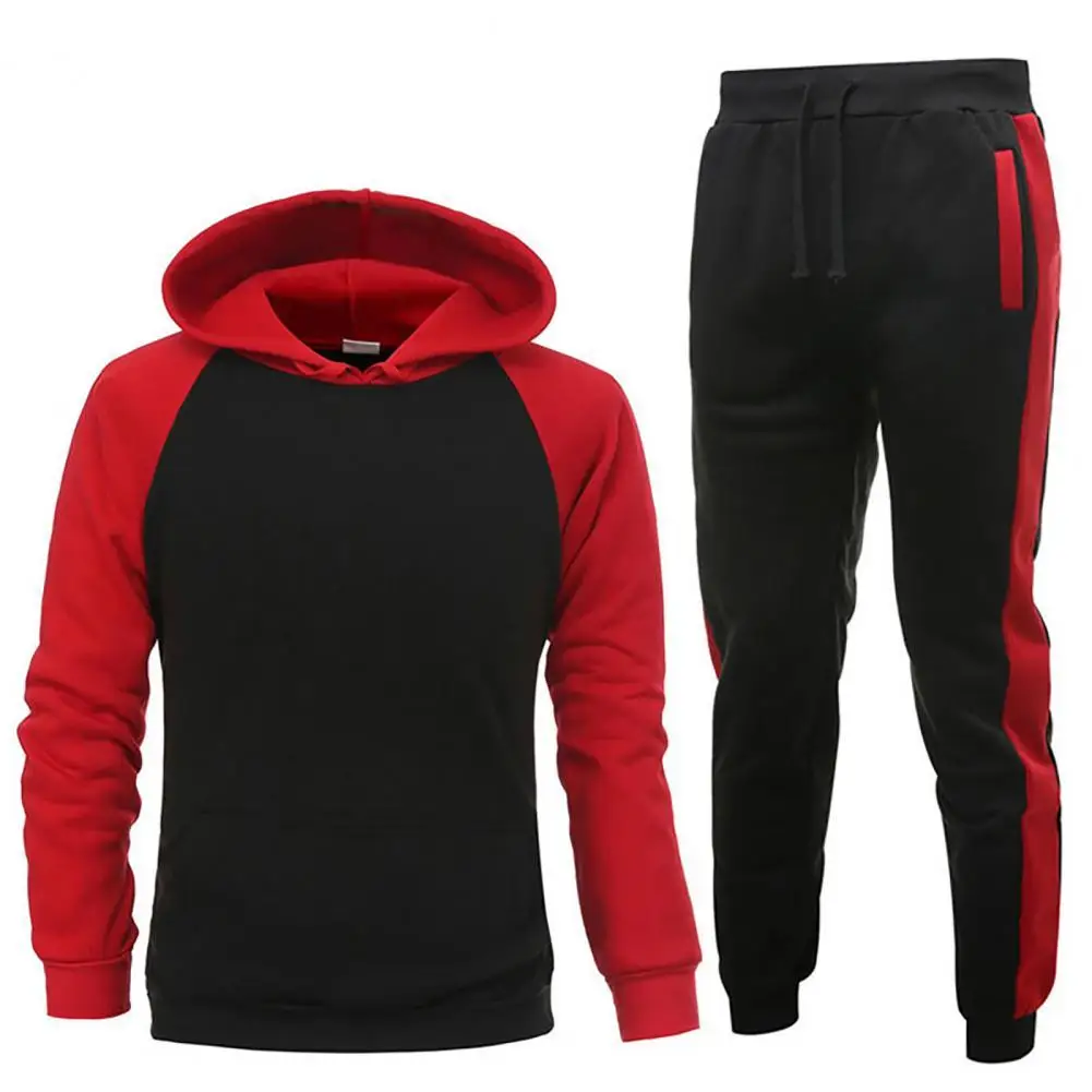 

Casual Men's Sets Warm Tracksuit Sportswear Hooded Autumn Long Sleeve Pocket Hoodie Pants Color Block Sports Tracksuit Outfit