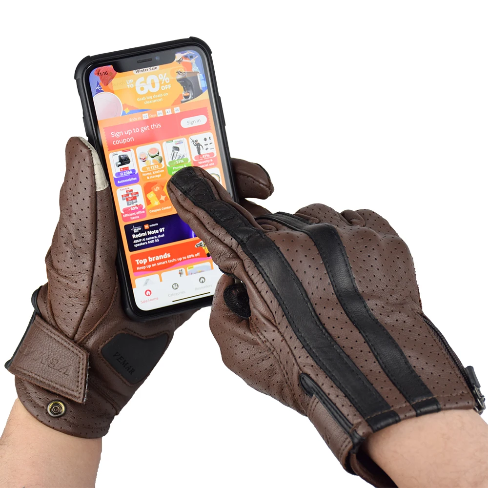 

VEMAR Genuine Leather With Hole Breathable Moto Motorcycle Gloves Motocross Gloves Outdoor Sport Cycling MTB Gloves Brown Black