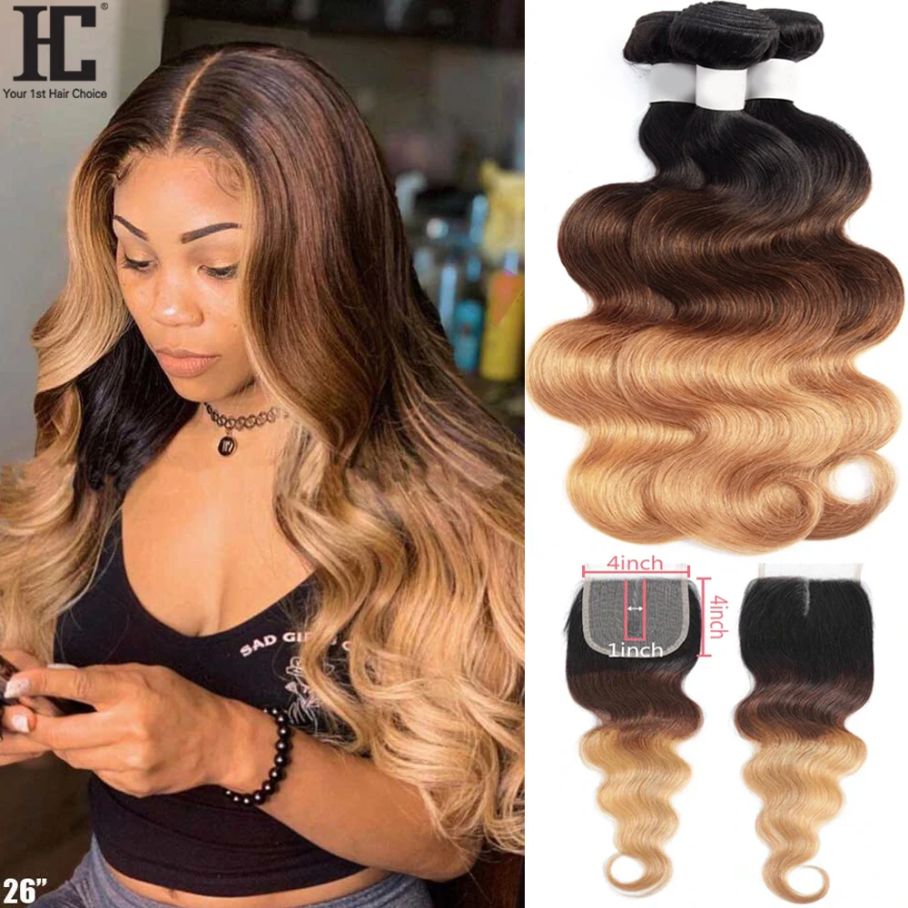 Ombre Brazilian Body Wave 3 Bundles With 4x4 Lace Closure 1B/4/27 Honey Blonde Remy Human Hair Weave Bundles With Closure