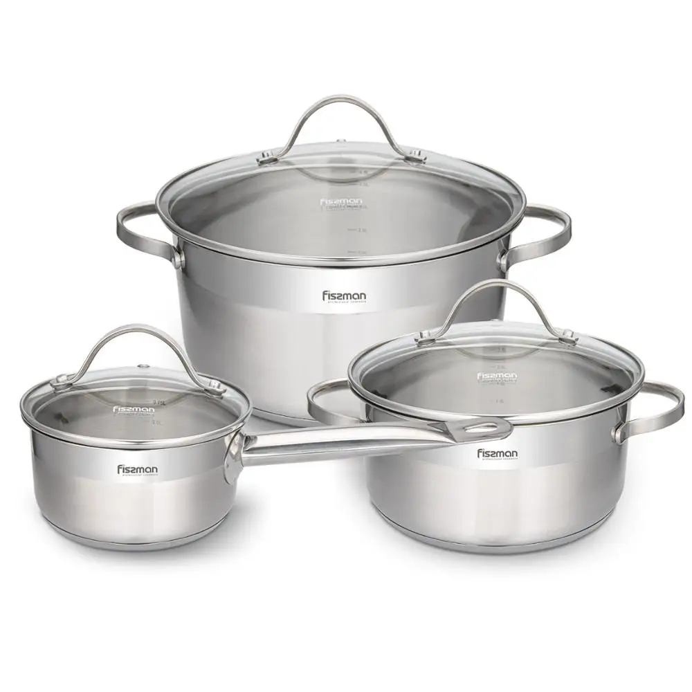 FISSMAN EVITA Серия Нержавеющая сталь 3 шт набор посуды со стеклянной крышкой|Наборы