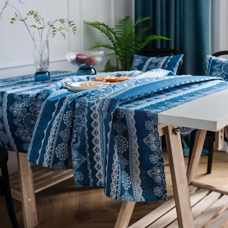 Скатерть из хлопка и льна с принтом синяя кружевная ткань в стиле ретро для