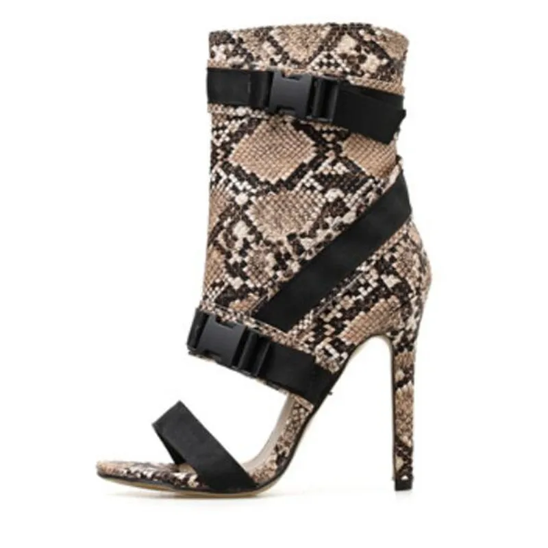 Женские ботильоны на молнии с открытым носком высоком каблуке в римском стиле