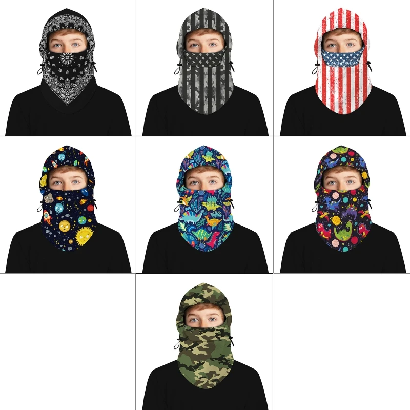 

Kids Winter Balaclava Windproof Ski Face Cover Cartoon Planet Digital Print Polar Fleece Drawstring Earflap Hat Hood