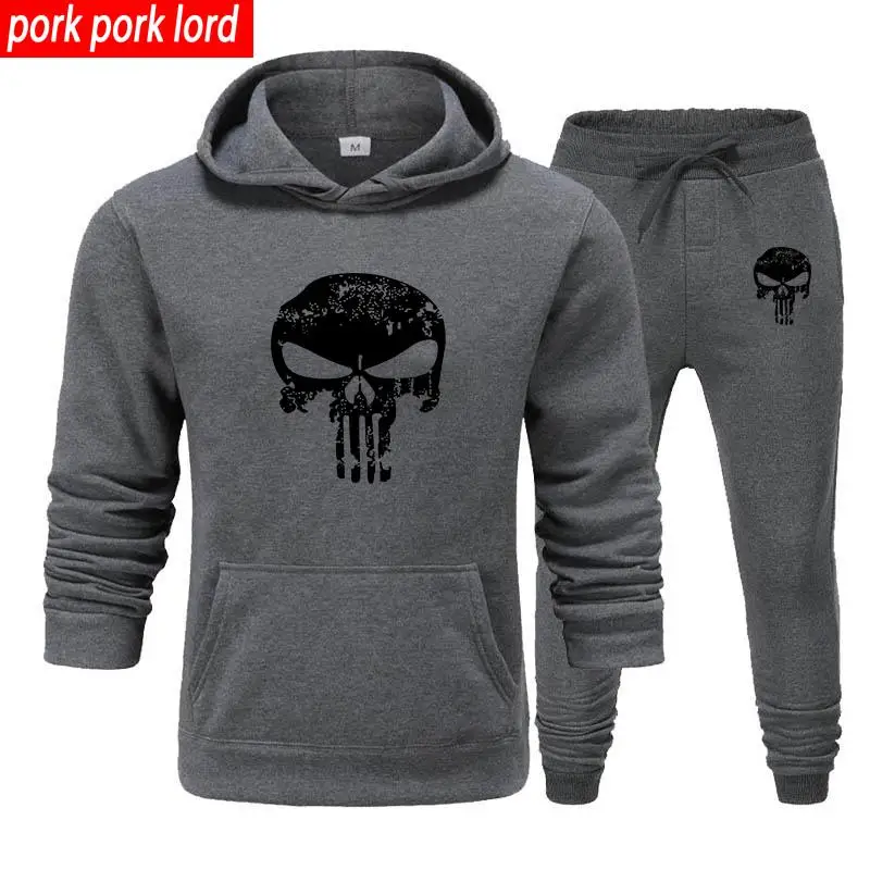 

2 Pieces Sets Tracksuit Men Skull Brand Autumn Winter Hooded Sweatshirt +Drawstring Pants Male Sport Hoodies Running Sportswear
