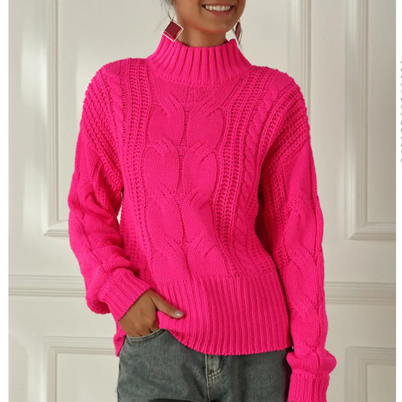 Неоновый свитер Женский вязаный цвета фуксии розовый однотонная водолазка с