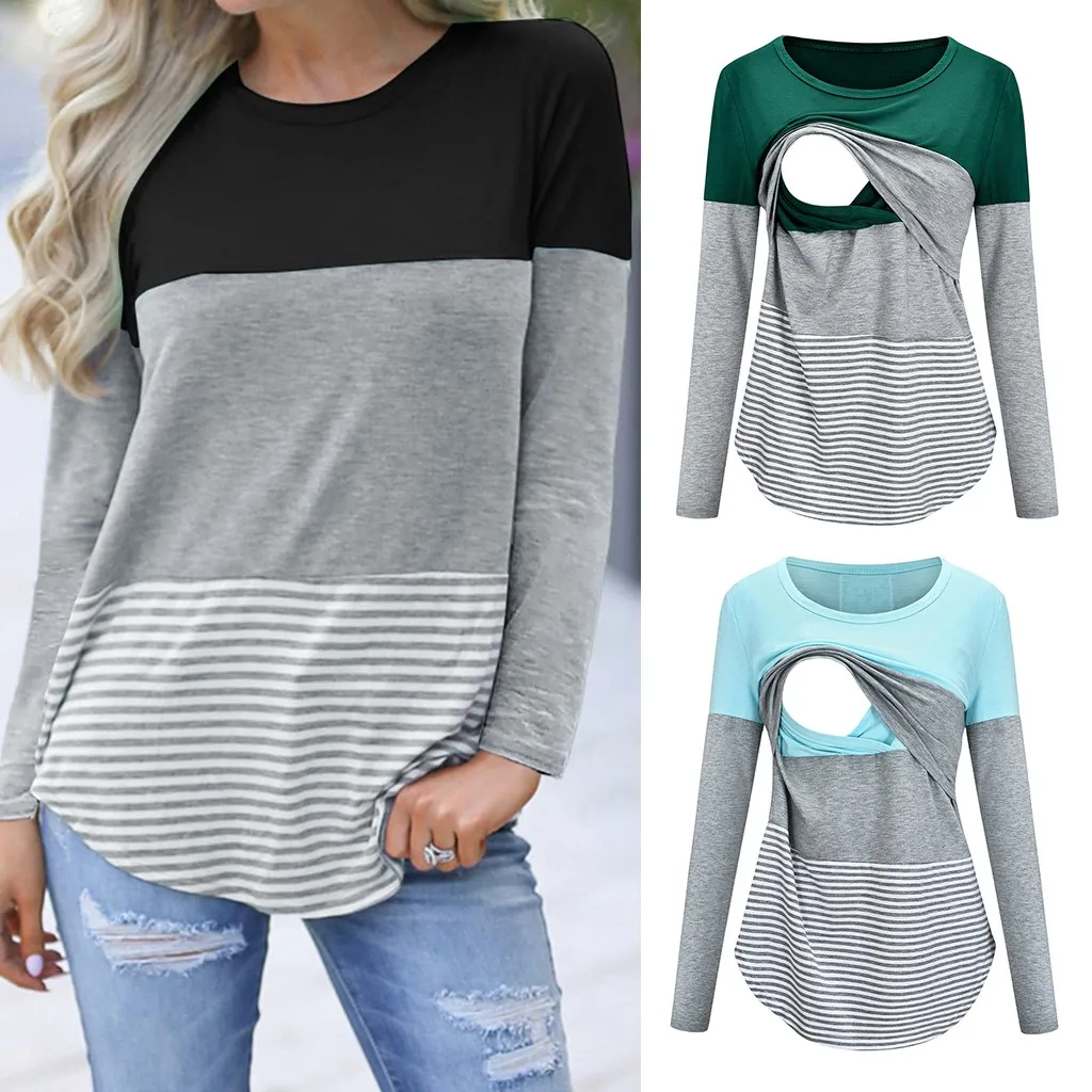 Одежда для беременных полосатые топы с длинным рукавом и круглым вырезом