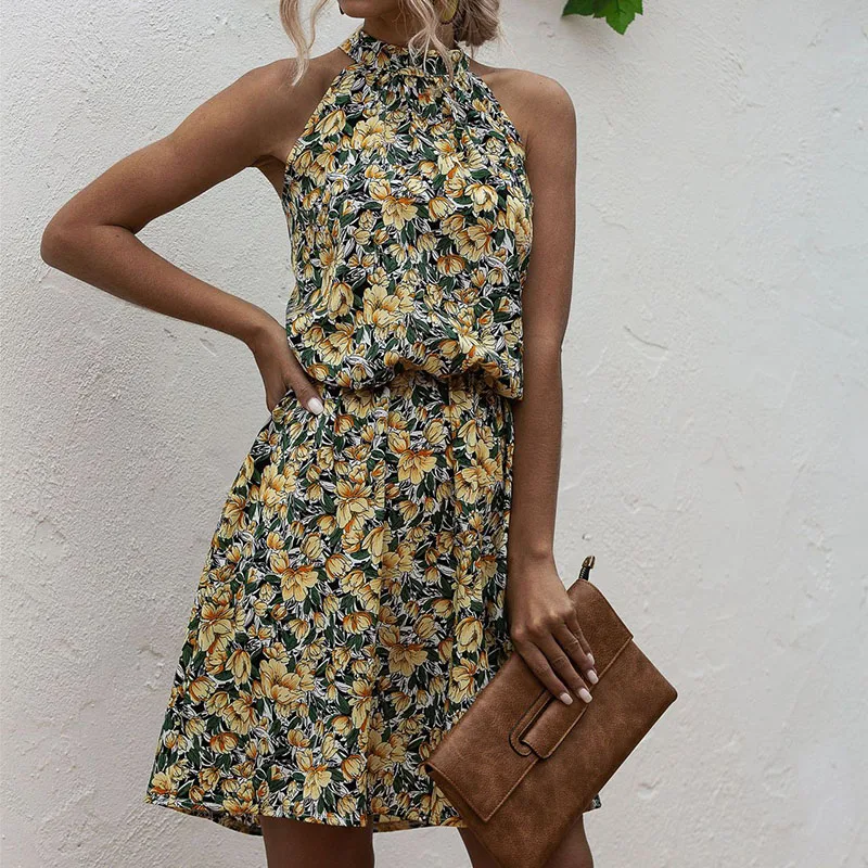 Новое Женское мини платье высокая талия с рисунком без рукавов летнее женское в