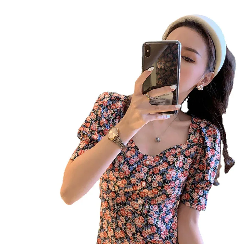 

Women Dresses Summer 2021 Sexy V Neck Floral Print Boho Beach Dress Ruffle Short Sleeve Chiffon Mini Dress Wrap Sundress Robe