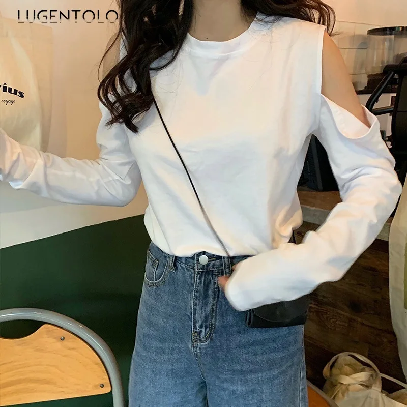 

Women T-shirt Autumn New Loose Solid Color Tshirt Long-Sleeved Tops Female All-match Exposed Bottoming T-Shirts Lugentolo