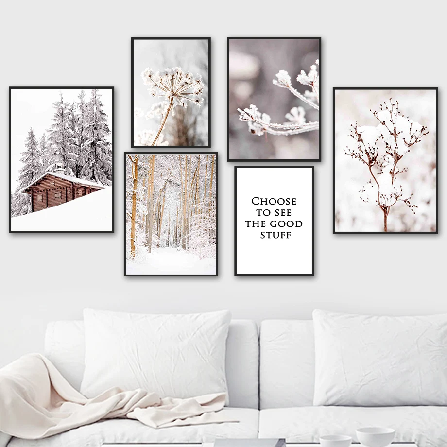

Pine House Forest Flower Snow Landscape Wall Art Canvas Painting Nordic Posters And Prints Wall Pictures For Living Room Decor