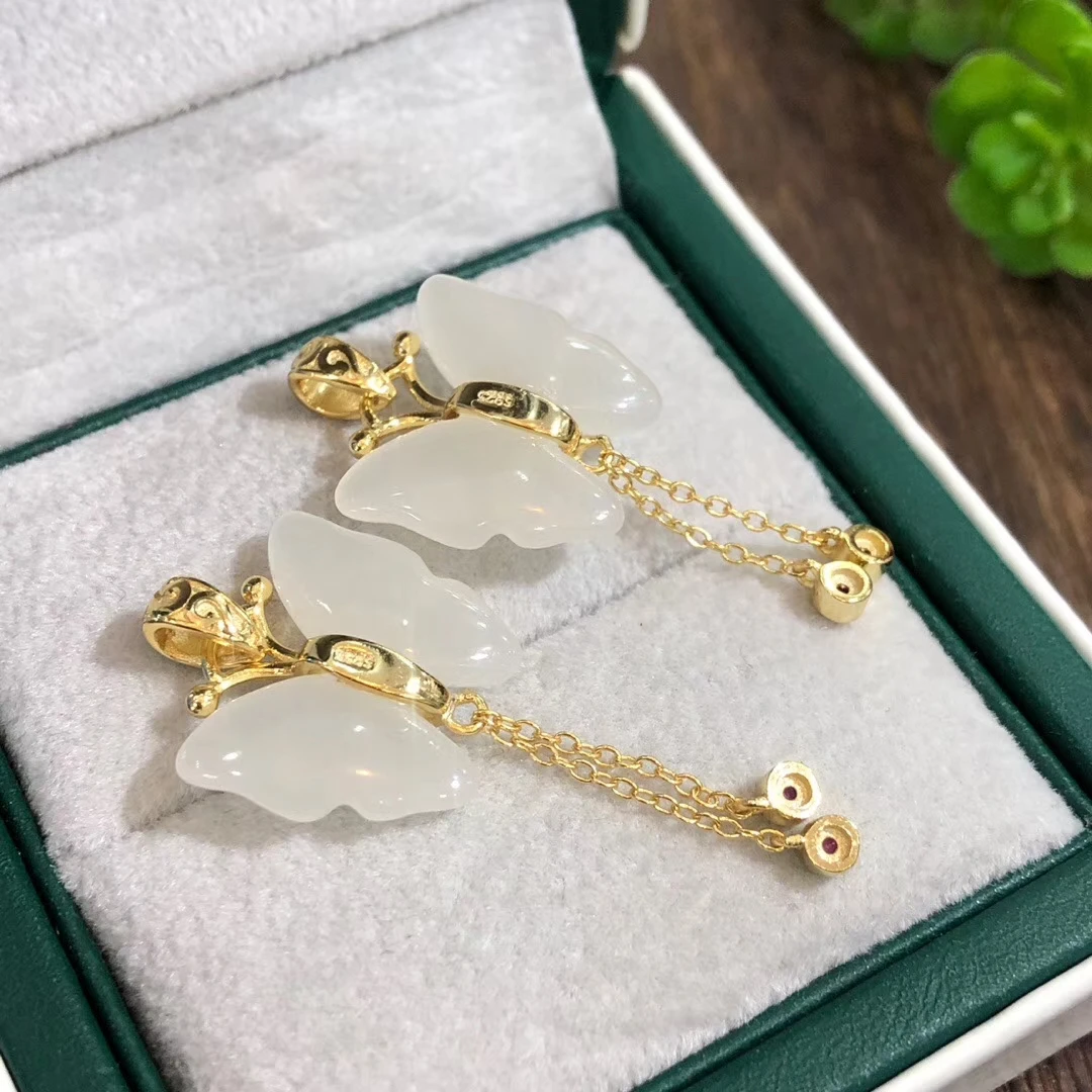 

LETSFUN14K Gold Natural Chinese White Jade Butterfly Pendant Necklace Sweater Chain Jade Gift Women