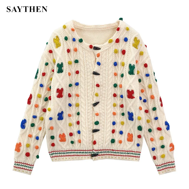 SAYTHEN Autumn And Winter New Knitted Cardigan Women Round Neck Sweater Retro Heavy Industry Loose Sweet Embroidered Coat Jacket