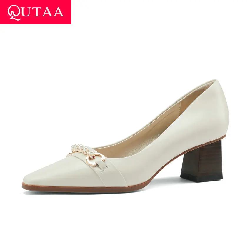 

QUTAA 2021 String Bead Pointed Toe Fashion Female Shoes Cow Leather Basic Women Pumps Spring Summer Square High Heels Size 34-39