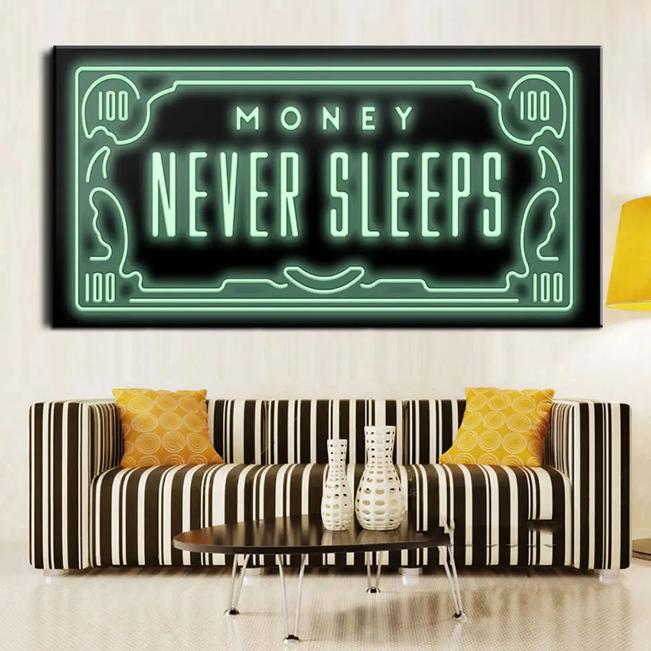 Money Never Sleep Hd холст печать скандинавские цитаты письмо деньги искусство домашний