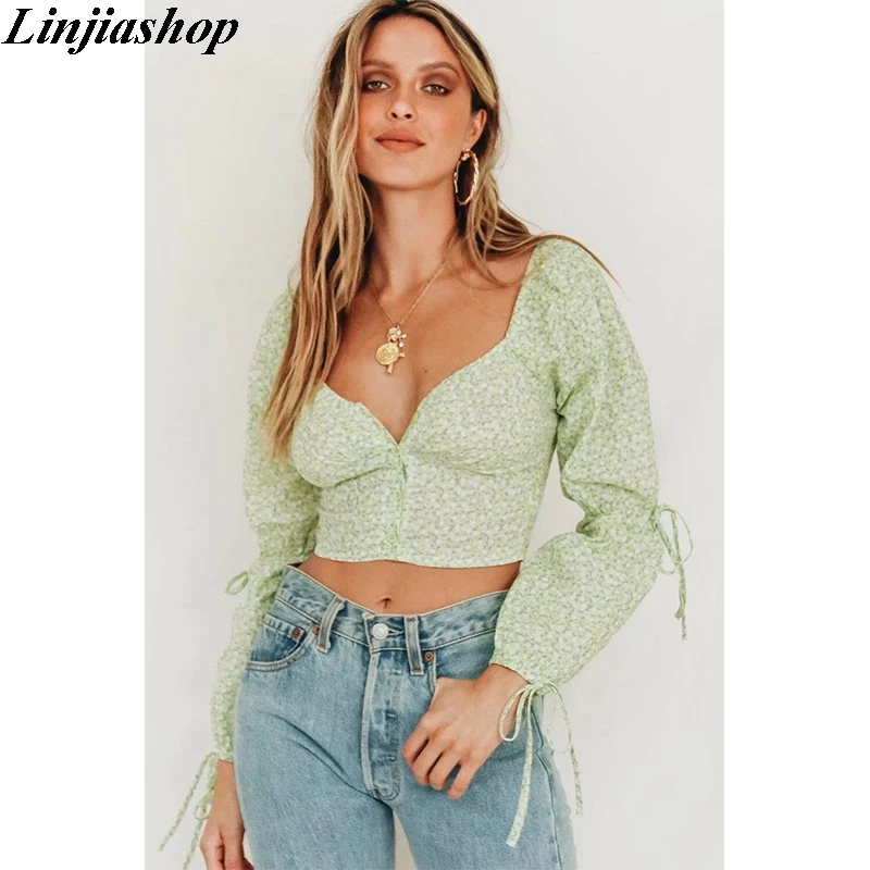 Женский винтажный укороченный топ элегантный зеленый во французском стиле