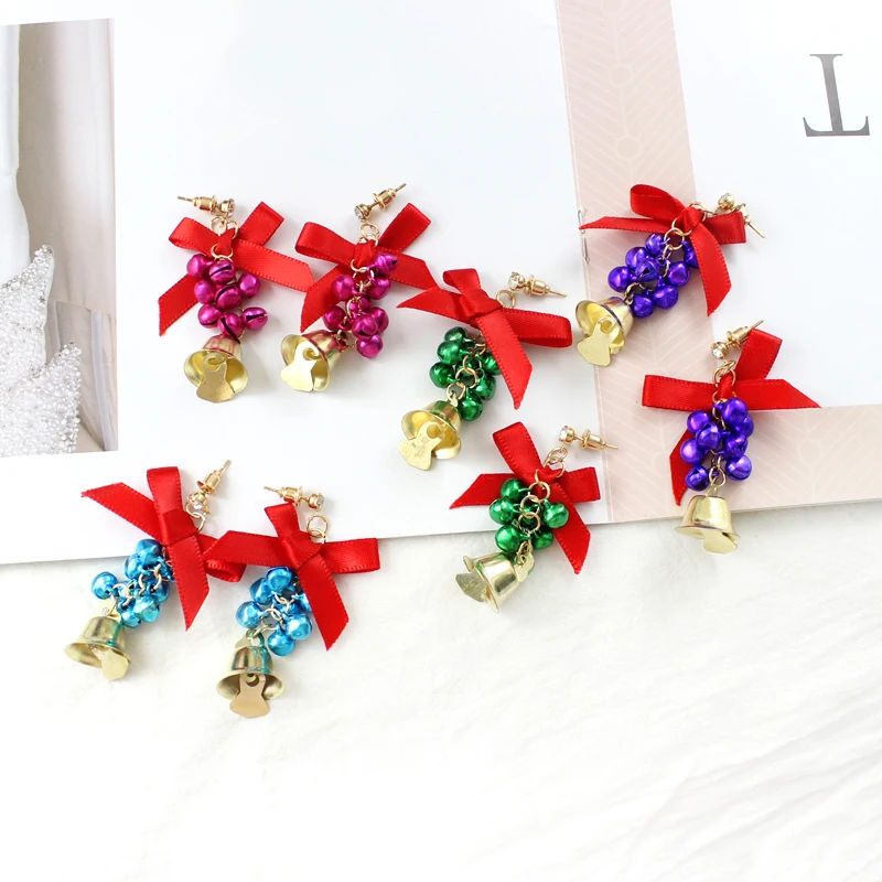 Sweet fashion red bow String color bell Christmas series hanging gold big pendant earrings New Year gift for friends | Украшения и