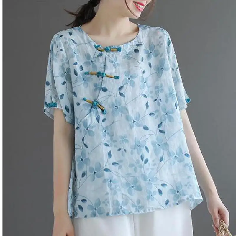 QPFJQD летние Винтажные льняные рубашки с круглым вырезом и пряжкой 2021 простые