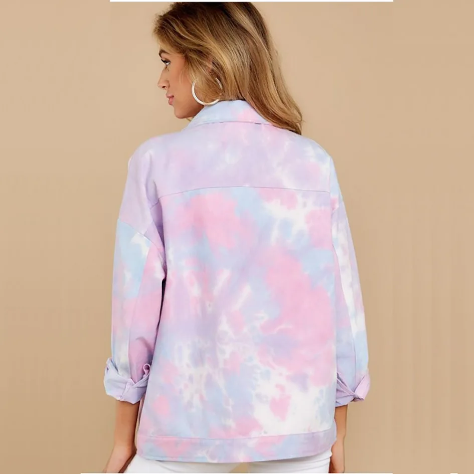 

Women Fall Jacket Tie Dye Printed Jackets Top Loose Long Sleeve Turn-down Collar Single Breasted Pocket Buttons Coats Clothes