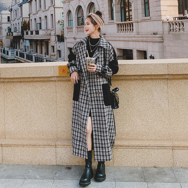 

Women's Woolen Coat Winter Plaid Splicing Long Korean Loose Fashion Ladies Cloak Double Breasted Thick Quality New Jacket Female
