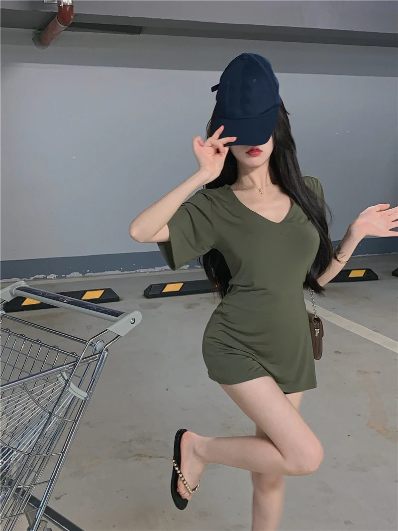 

2Colors 2021 Summer korean style Slim V neck Short Sleeve t-shirt Womens Sexy tops Tees shirt femme (R99828)