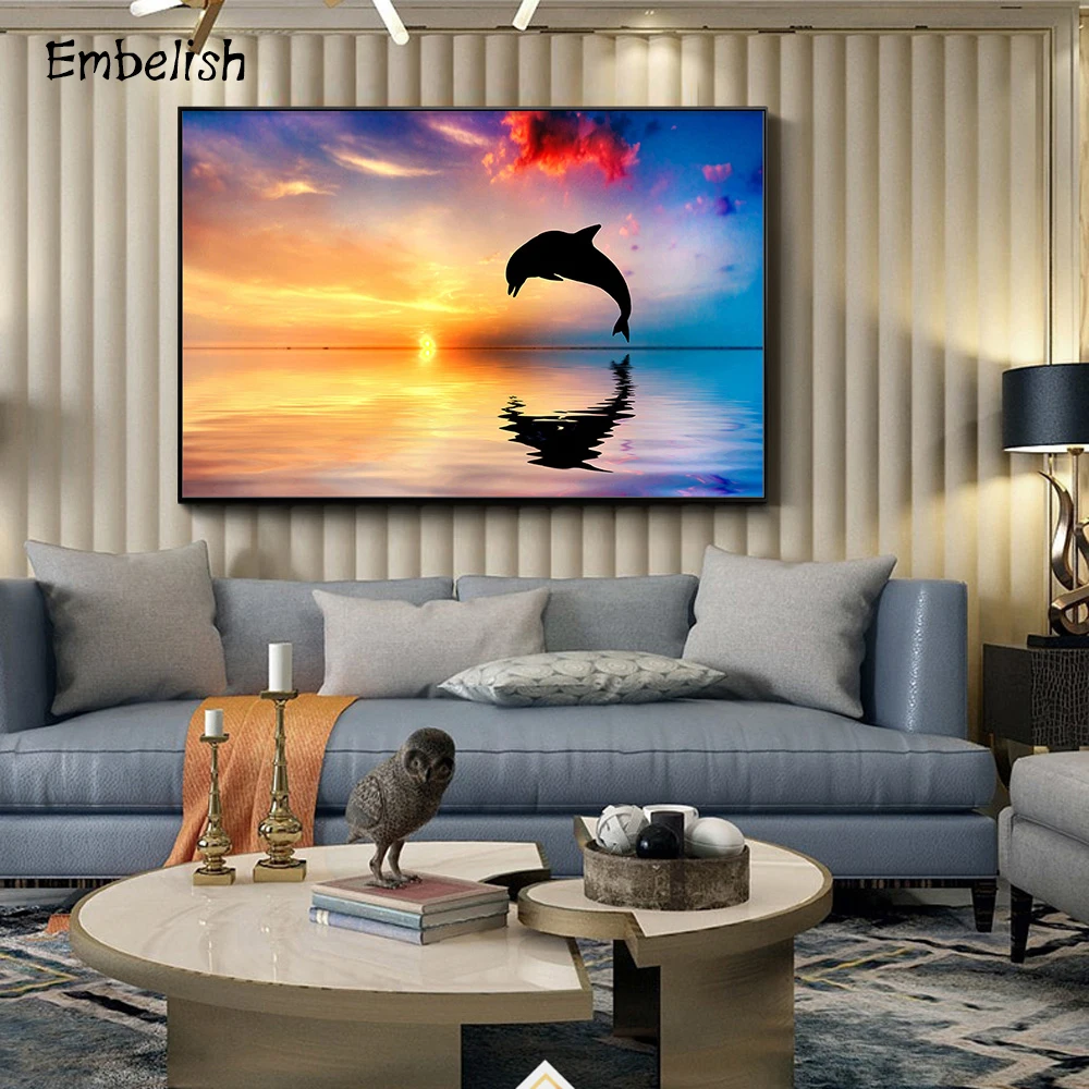 

1 Pieces Sunset Jumping Dophin Landscape Wall Pictures For Living Room Modern Home Decor Posters HD Canvas Paintings