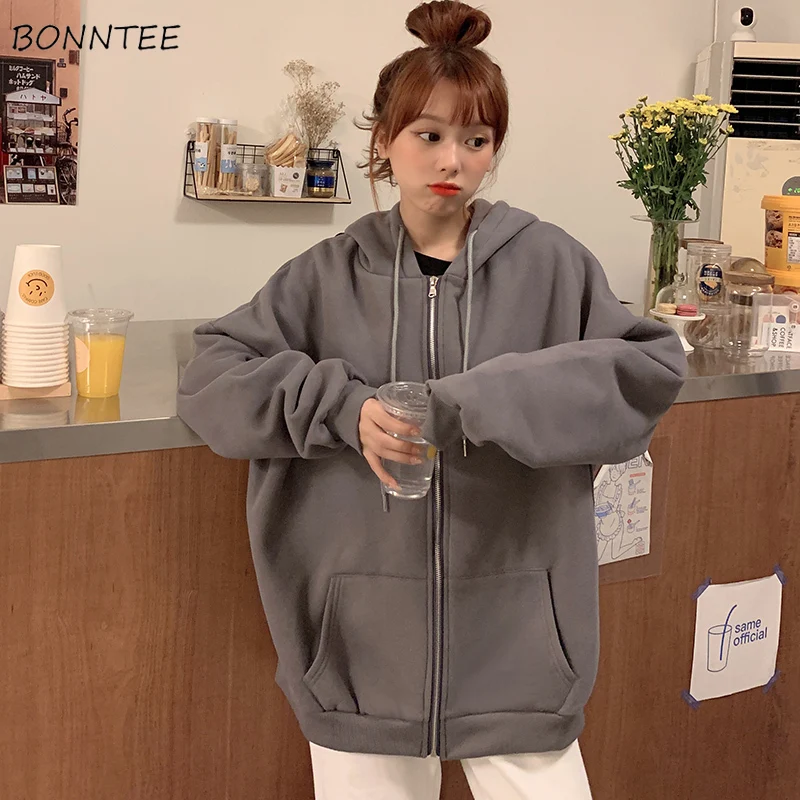 

Sweatshirts Womens Simple All-match Fashion Comfortable Loose Zip-up Leisure Thicker Plus Velvet Ulzzang Vintage Winter Hoodies