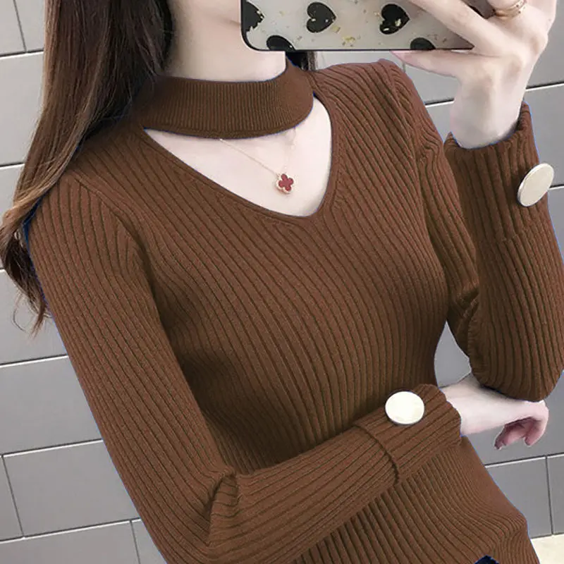 

2021 autumn and winter new slim solid color knitted sweater women foreign style round neck long sleeve bottoming shirt