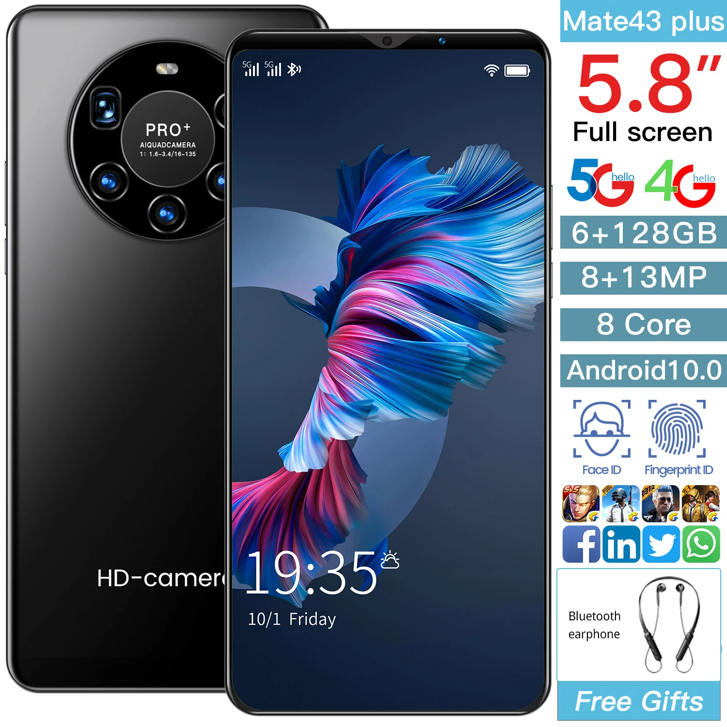 Mate43 Plus – Smartphone 5G, Version globale, 8 go + 256 go, grande mémoire, 4800mAh, déverrouillage par empreinte faciale, double carte, double veille  (0)