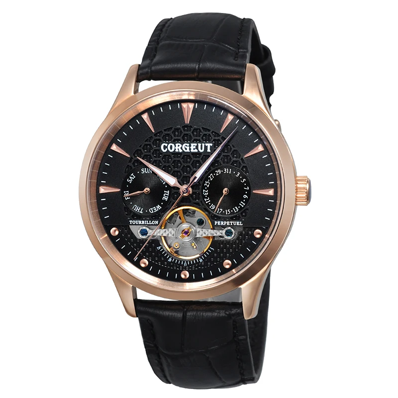 Corgeut 44 мм часы с арочным стеклом черный циферблат Дата &amp день мужские