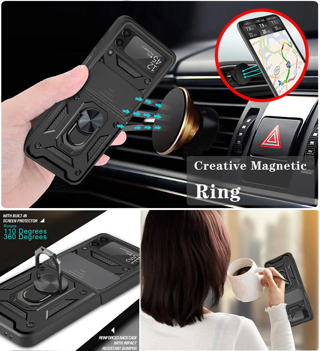 Camera Protective Phone Case For Samsung Galaxy Z Flip 3 Luxury TPU Magnetic Metal Ring Bracket Shockproof Armor Z Flip 3 Cases