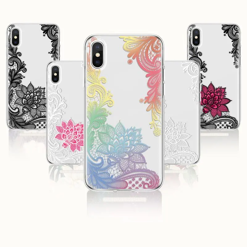 Ultra Thin Lace Flower Painted Clear Soft TPU Silicone Protective Back Cover Skin for Galaxy S6 S7 S8 S9 S10 S20 S21 Note 10 20