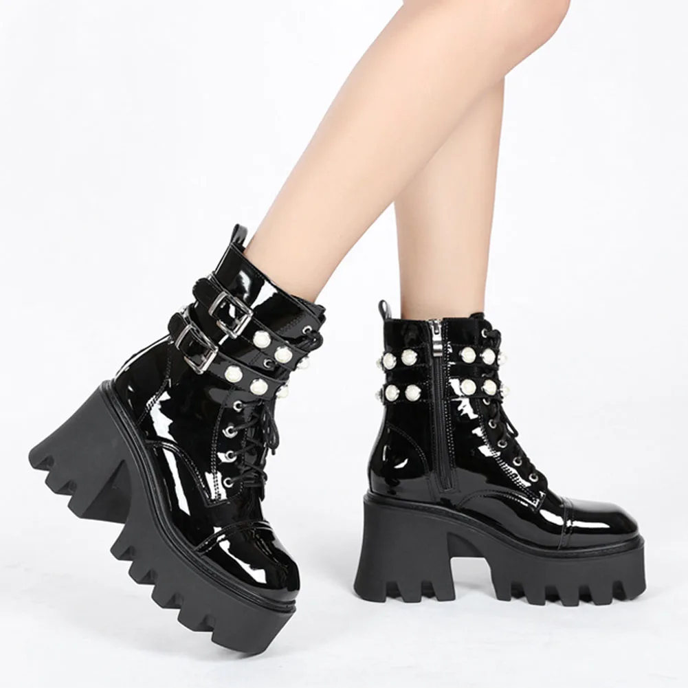 

LapoLaka 2021 Female Motorcycle Boots Square Heel Square Toe Zip Super High Heel Ankle Boots Platform Women Spring Leisure Shoes