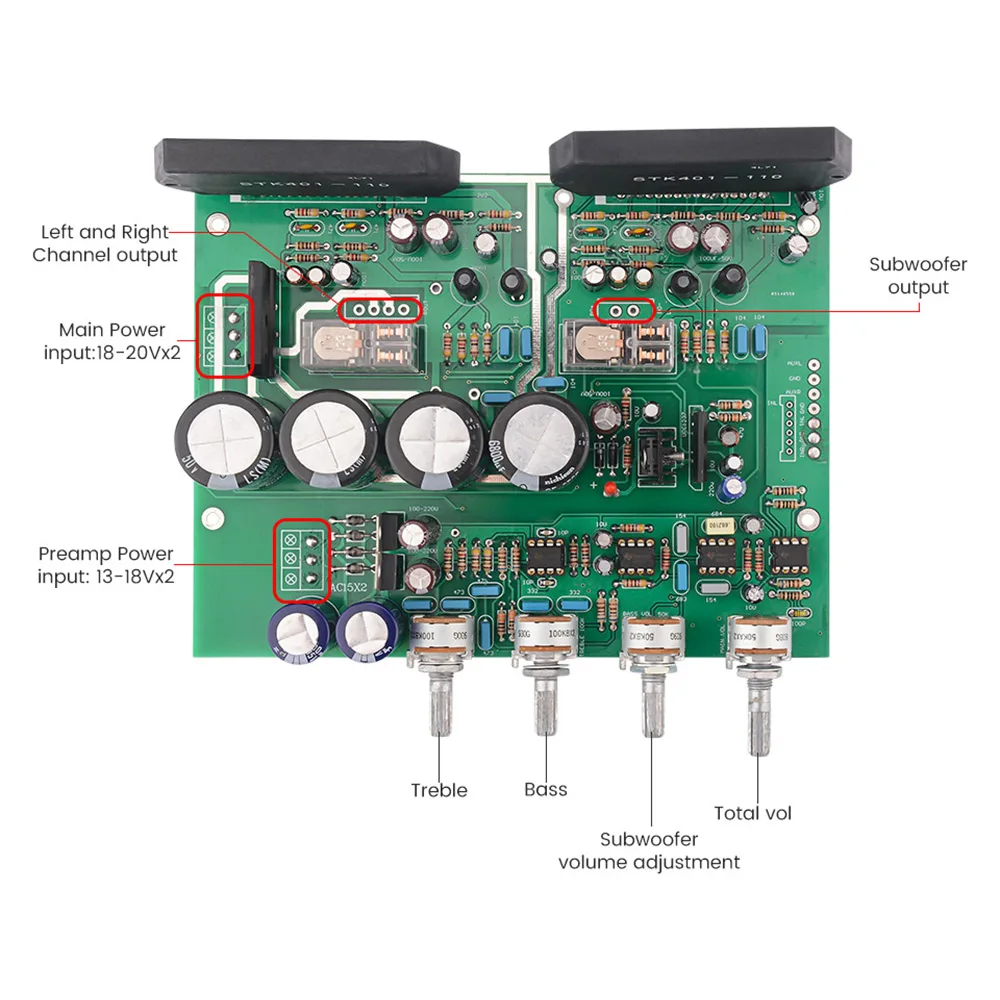 AIYIMA 2 1 каналов STK401 усилитель мощности аудиоплата 70Wx2 + 200 Вт сабвуфер