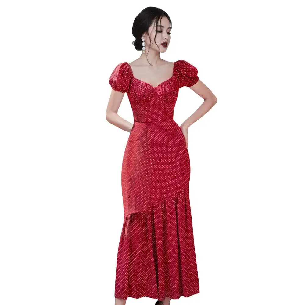 

elegant Korean style dot mermaid dress summer new Women's Clothing fashion brand v-neck puff sleeve long dresses hot