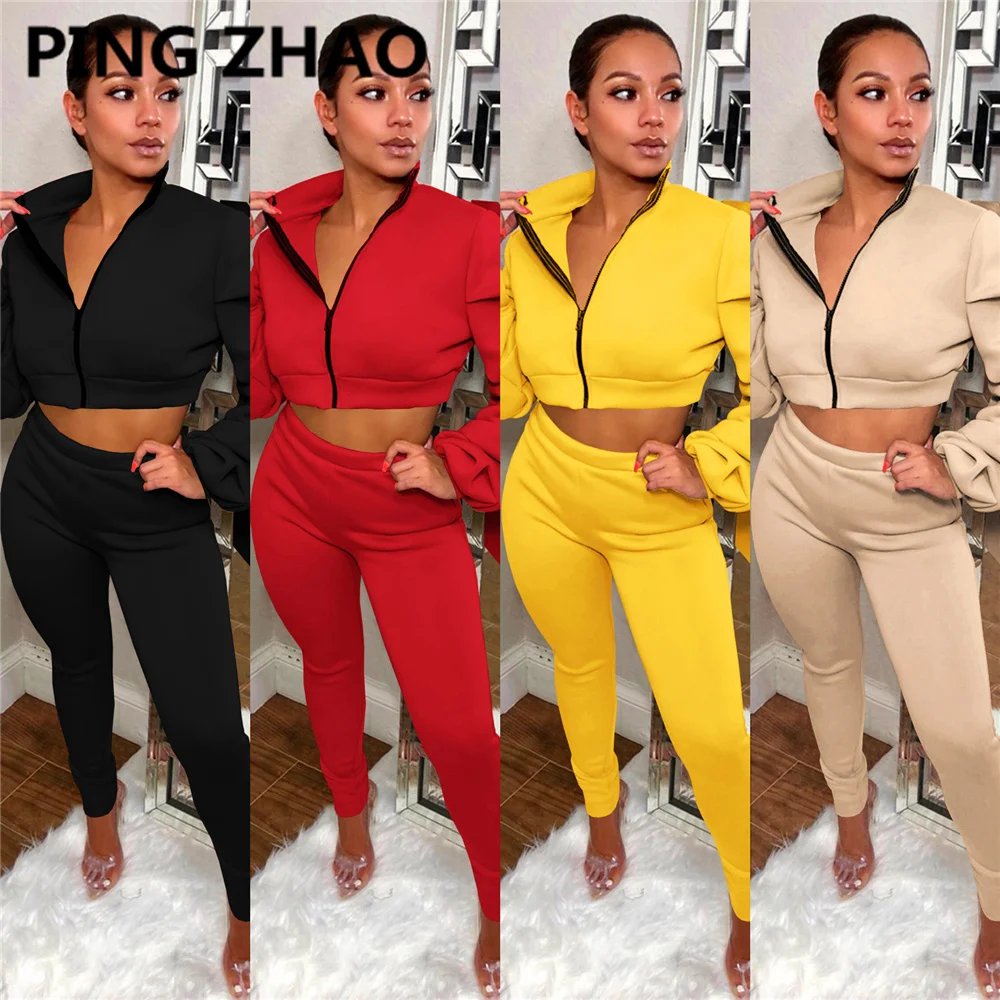 

PING ZHAO Women Set Solid Zipper Pleated Long Sleeve Sweatshirts Tops Pants Two Piece Set Autumn Winter Tracksuit