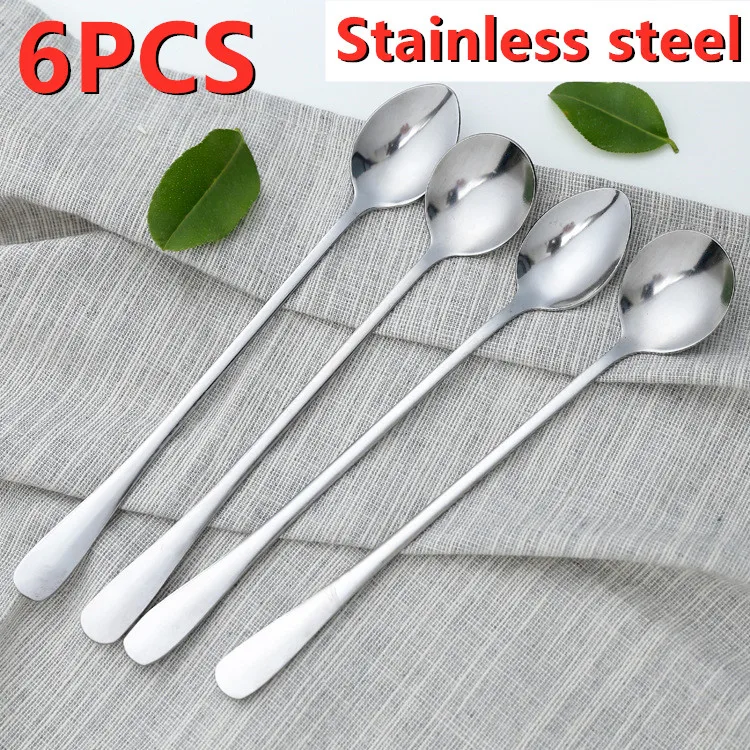 6PCS Tea Spoons Long Handle Ice Cream Dessert Sundae Spoons Kitchen Hot Cutlery Drinking Tableware Stainless Steel Coffee Spoons