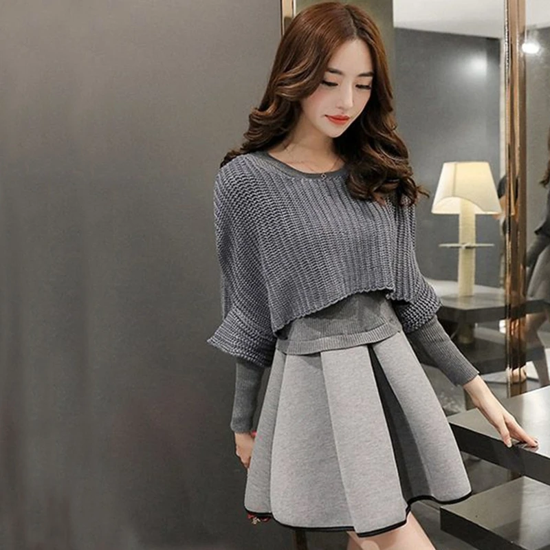 

2pcs Women Autumn Winter Korean Fashion Suit Long Sleeves Round Neck High-waisted Dress Bat Shirt Knitted Pullover Short Tops