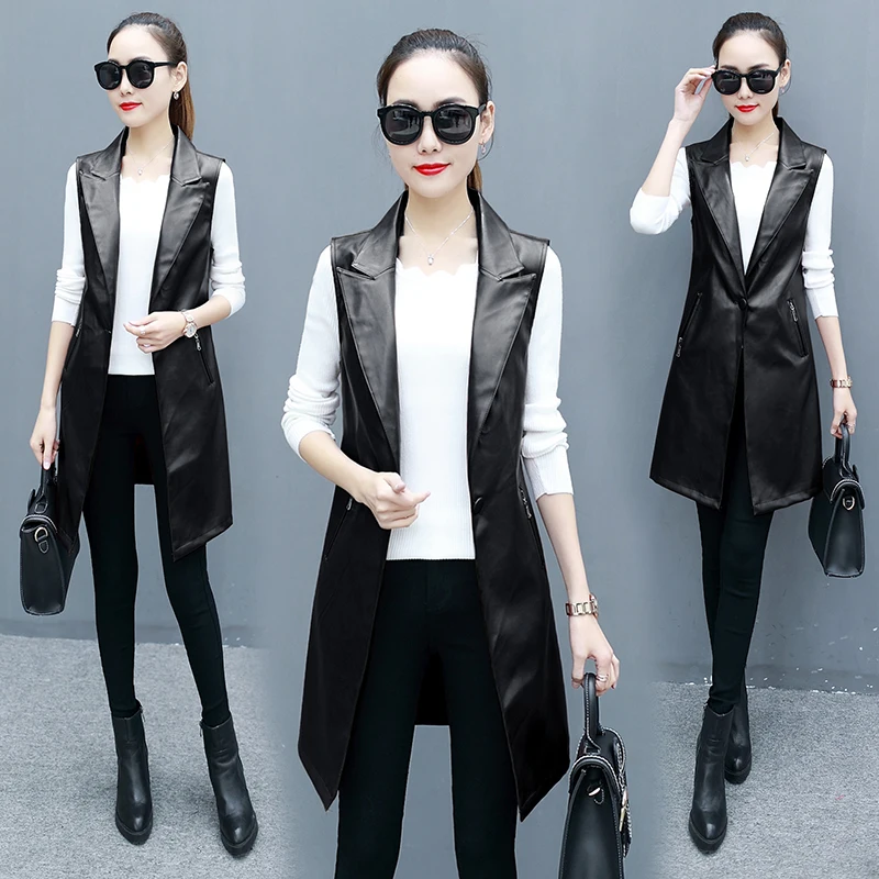 Женский Длинный жилет из искусственной кожи красный весенний для женщин размера