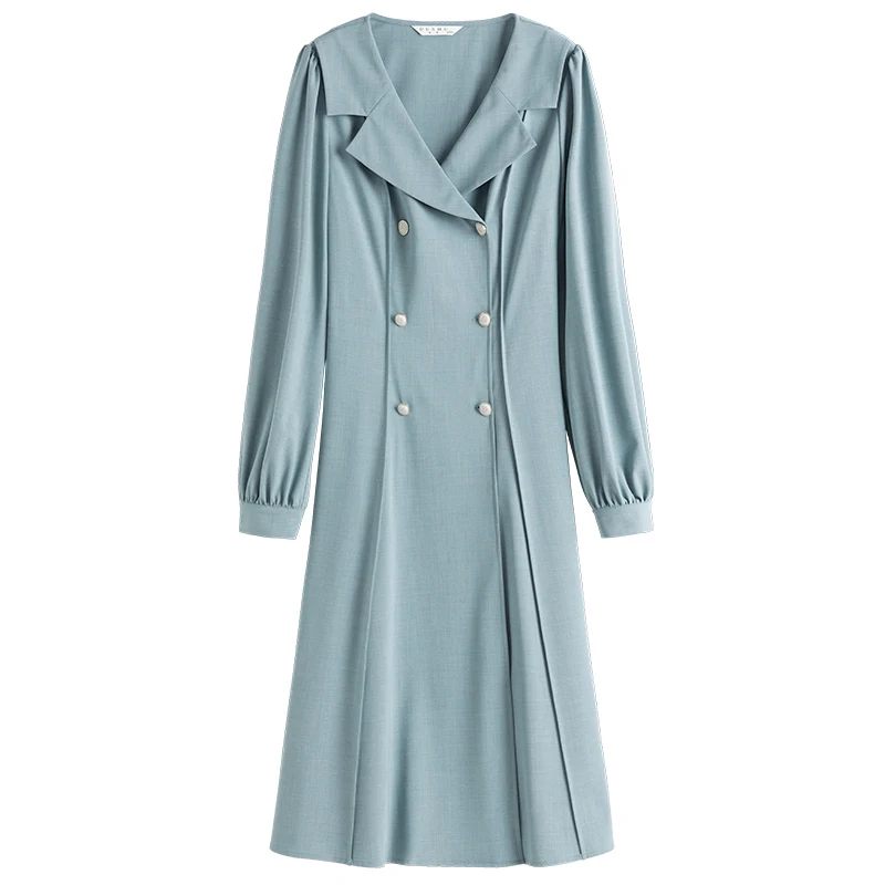 

DUSHU Plus Size Blue Women Temperament Double-breasted Dress spring Of 2021 New Commuter Suit Skirt Long Sleeve Dress
