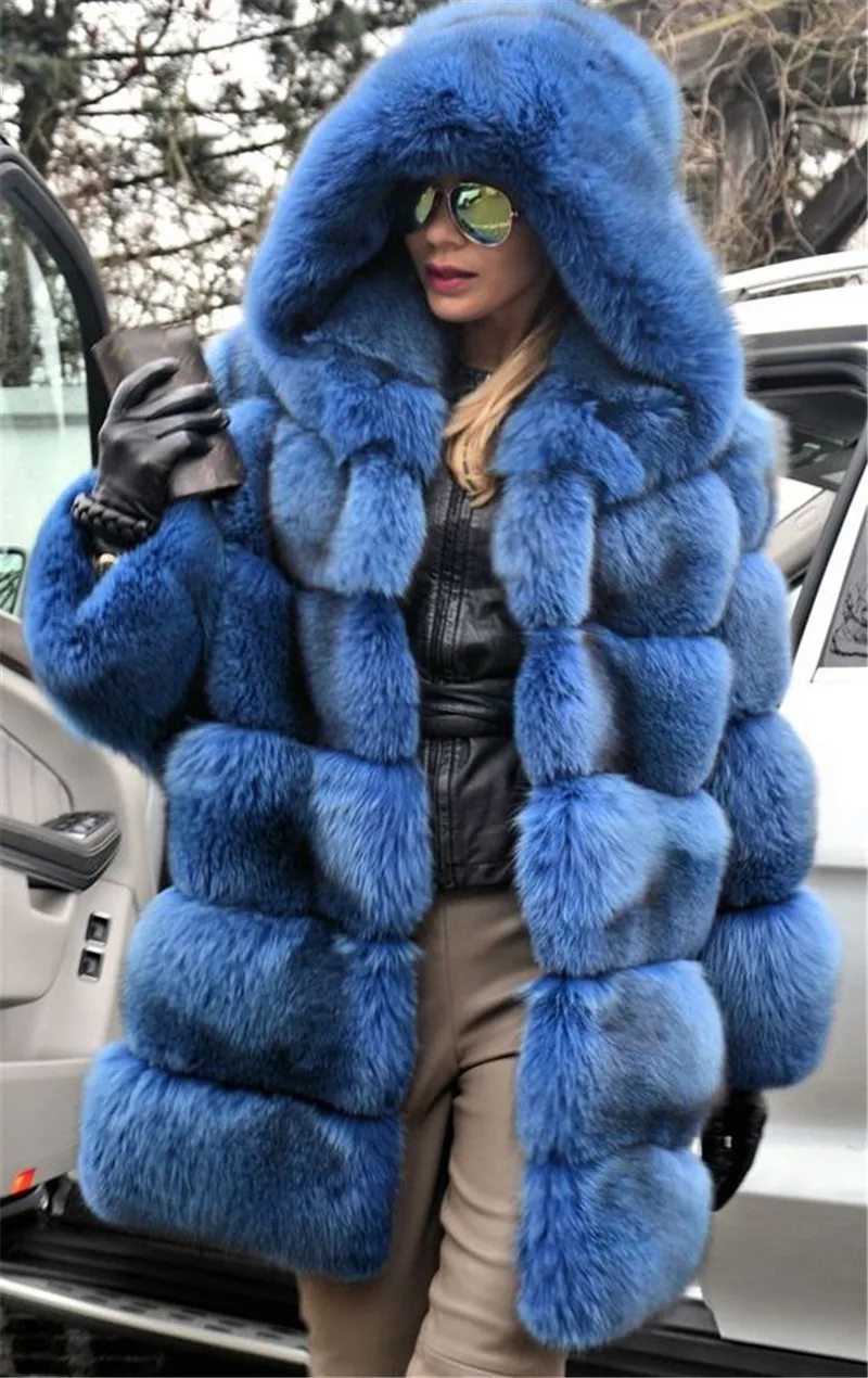 2022 Winter Fashion Hooded Blue Fox Fur Coat Thick Warm Natural Fox Fur Jacket For Women Outwear 80cm Long Pelt Fur Coats Luxury